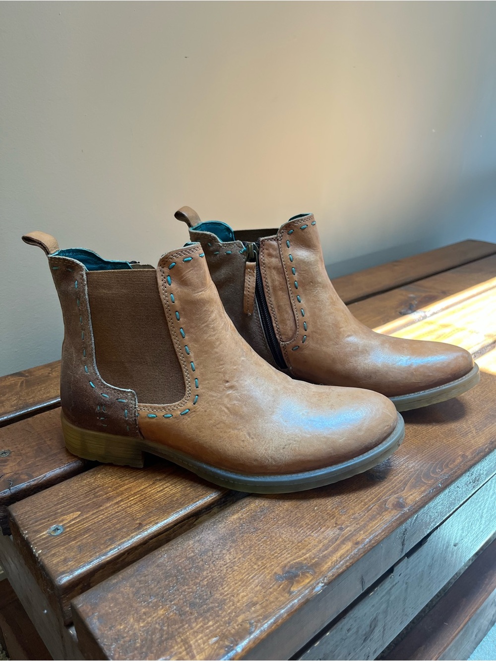 Womens Tan Chelsea Boots with Teal Accent Stitching